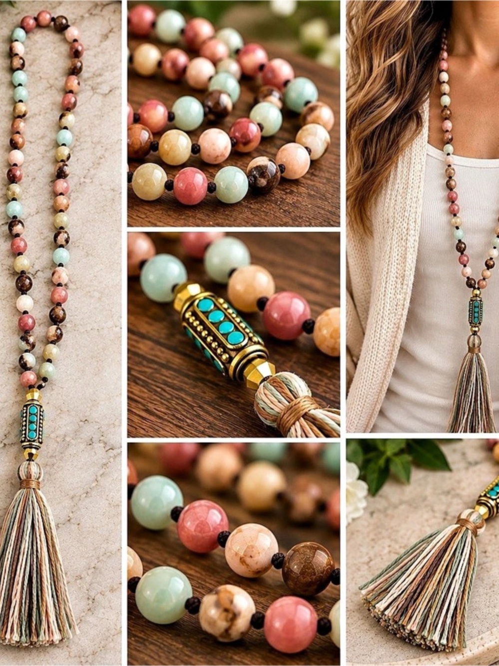 Carolyn Jane’s Jewelry Amazonite Rhodonite Natural Stone Tassel Necklace Boho